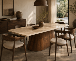 Table à manger rectangulaire moderne en bois massif avec piétement en bois grainé et plateau en travertin marbré, 4 places, mobilier de salle à manger, garantie 3 ans - Product Image 1
