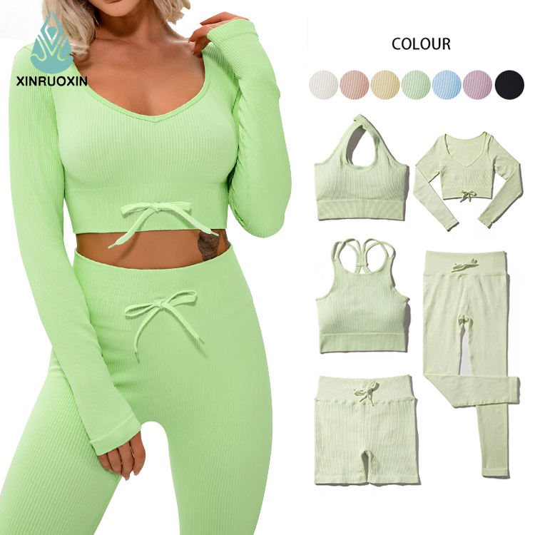 Ribbed Seamless Yoga Set for Women Fitness High Waist Leggings Set Running Long Sleeve Activewear 7 Piece Sports Yoga Sets