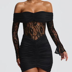 Robe de soirée moulante en dentelle transparente à manches longues et épaules dénudées, de qualité supérieure, en gros, ODM/OEM, sur mesure, pour femmes - Product Image 3