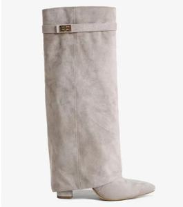 Cross-Border Trade New Pointed Toe Large Tube Straight Metal Buckle Mid-Calf <strong>Boots</strong> Large Size Chunky Heel <strong>Trouser</strong> <strong>Boots</strong> Women's - Product Image 6
