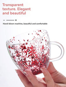 Vente en gros : Tasse en verre brillante en forme de cœur, créative, double paroi résistante à la chaleur, pour eau, petit-déjeuner, lait, avec paillettes, pour le bureau - Product Image 6