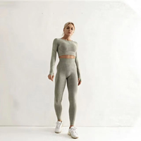 Ensemble de yoga 2 pièces sans couture pour femme, haut de sport court à manches longues très élastique et leggings taille haute rehausseurs de hanches