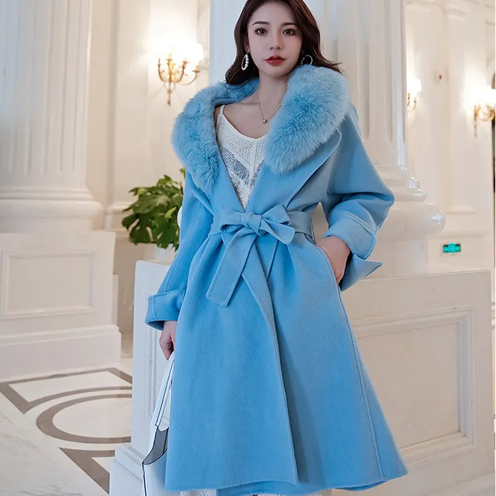 Luxury Womens Clothing Winter 100% Cashmere Coat With Fox Fur Collar Ladies Long Cashmere Winter Coats