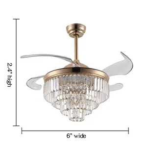 Remote Control Clear Crystal Retractable Ceiling Fan Dimming Led Chandelier Gold With Circle Pendant Light For Hotel Living Room