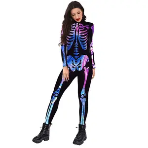 Jumpsuit cetakan kerangka manusia, kostum Halloween wanita, Jumpsuit kustom Punk Gotik untuk Halloween