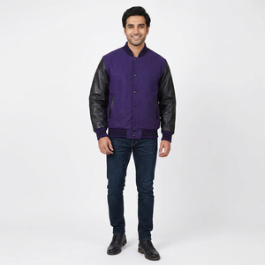 Veste de baseball universitaire pour homme en cuir noir avec logo personnalisé brodé 2026, veste varsity bleu clair, service OEM - Product Image 1
