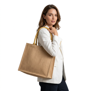 Women's Jute Tote Bag Casual Shoulder Bag Large Capacity Open Top Two Handles Daily Use <b>Beige</b> - Product Image 1
