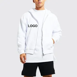 Boxy fit unisex 100% cotton heavyweight mens blank white oversized puff printing hoodie zip up