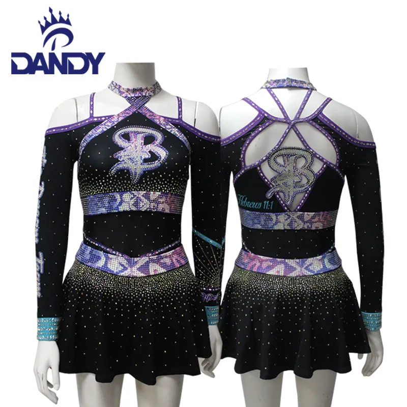 Dandy Custom Paars Dames Strass Transfer Cheerleader Uniform Sexy Cheerleader Dans Kostuum
