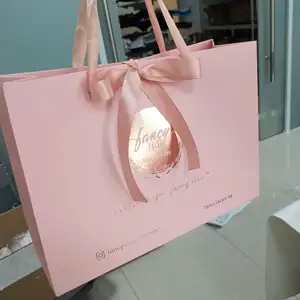 Saco de presente para compras de papel, embalagem personalizada de logotipo dourado de marca de luxo com impressão de joias para roupas cor rosa dourada