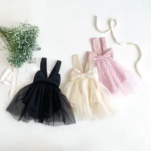 New summer baby girls big bow suspender jumpsuit mesh gauze princess skirt baby's first year suit