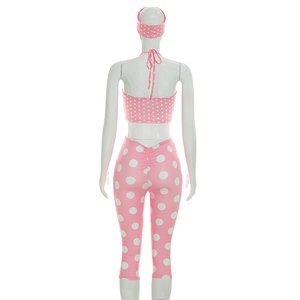Viviblook Q26ST076 Women <b>Summer</b> Sexy Sleeveless Halter Crop Top Tight Cropped <b>Pants</b> Polka Dot Printed 3 Piece Set With Headband - Product Image 4