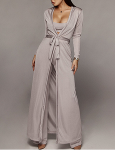 Женский комплект из 3 предметов, трикотажная эластичная одежда с длинным рукавом, накидка на пончо, длинные брюки с широкими штанинами и майка-майка - Product Image 5