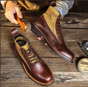 Men's <b>Vintage</b> Split Cowhide Leather <b>Boots</b> Round Toe Lace Up Work Combat Motorcycle <b>Boots</b> Fleece Lined Winter Ankle <b>Boots</b> British - Product Image 5
