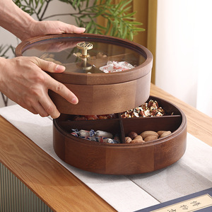 <b>Rotating</b> Solid Wood Candy Box With Lid Round Storage Tray For Snacks Nuts Dried Fruits Wedding Party Use - Product Image 1