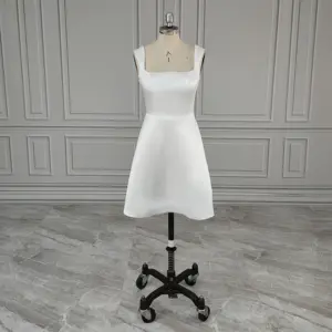 100% fotos reais simples colarinho quadrado mangas cetim a linha mini casamento vestido de festa para as mulheres curto noiva vestido jantar vestido