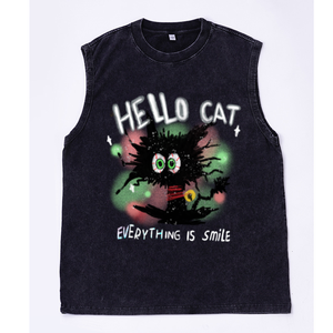 Canotta Oversize Nera Lavata con Effetto Acido, Motivo Gatto Nero Spaventoso e Soffice, HELLO CAT, con Stampa Spray 'EVERYTHING IS SMILE' - Product Image 5