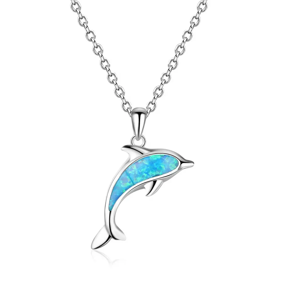 Trendy jewelry cute 925 Sterling Silver blue opal stone dolphin necklace
