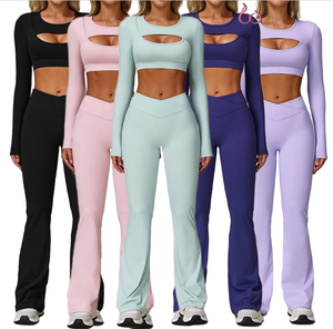 Set Yoga antivento da donna 2 pezzi abbigliamento sportivo da allenamento a vita alta Leggings con tuta sportiva da palestra a manica lunga - Product Image 1