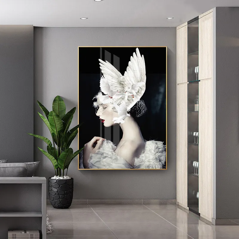 Original abstract woman portrait canvas painting white feather wings wall art posters for decoration