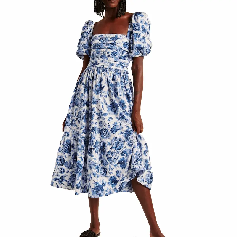 대량 생산 오버-더-숄더 탄성 반도 프론트 중반 폴드 디자인 코르셋 프린트 천 무릎 긴 하프 오픈 백 드레스