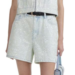 Shorts en jean décontractés pour femmes, style vintage, délavage clair, streetwear, coupe droite ample, avec strass, vente en gros - Product Image 2