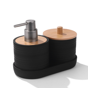Ensemble de salle de bain 6 pièces en ABS avec poignée et couvercle en bois : poubelle, distributeur de <span class=keywords><strong>savon</strong></span>, <span class=keywords><strong>porte</strong></span>-bâtonnets de coton, <span class=keywords><strong>porte</strong></span>-<span class=keywords><strong>savon</strong></span>, brosse de toilette - Product Image 3