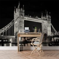 Papier peint moderne en soie imperméable noir et blanc avec vue nocturne sur la Tower Bridge de Londres pour chambre à coucher, salle à manger, appartement, hôtel, salon