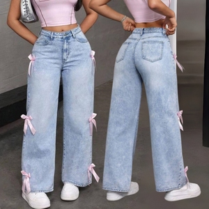 J60-2 <span class=keywords><strong>Jean</strong></span> large pour femme au design chic, avec nœud décoratif, coupe droite, en denim délavé, taille haute, décontracté - Product Image 1