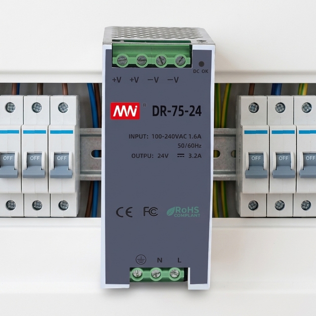 CNMW DR-75-24 75W 24V DC Industrial Din Rail Power Supply Single Output 3.2A 100-240VAC 86% Efficiency OVP/OTP/OCP/SCP 220V