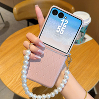 Funda Plegable para Teléfono con Diseño de Cuadrícula de Rombo, de Cuero, con Brazalete de Perlas, Marco Dorado Electrochapado, Resistente a Impactos