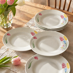 Plato hondo de cerámica contemporáneo con estampado de <span class=keywords><strong>tulipanes</strong></span> en <span class=keywords><strong>acuarela</strong></span>, tazón profundo para pasta con diseño floral colorido, apto para microondas, juego de vajilla. - Product Image 3