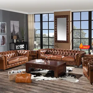 奢华复古100真皮沙发套装仿旧棕色真皮客厅沙发经典切斯特菲尔德真皮沙发