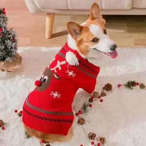 Schnelle benutzer definierte Haustier Hund Pullover grün rot 2 Fuß niedlichen Hirsch Schneeflocke Jacquard Strick Pullover und Halstuch Hund Weihnachts pullover