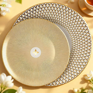 Platos de Cena de Porcelana Fina de Lujo con <span class=keywords><strong>Diseño</strong></span> Geométrico Dorado y Logotipo de Flor de Cuatro Hojas, <span class=keywords><strong>Vajilla</strong></span> para Hogar, Hoteles y Banquetes - Product Image 3