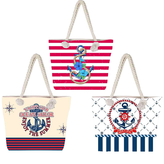 Customized logo Large Canvas Striped Beach Tote Bag Nautical Anchor Bag