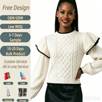 Pull en tricot torsadé élégant pour femme, noir, avec volants aux épaules, bordure festonnée et manches lanternes, couleur crème