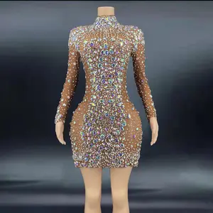 Wholesale Plus Size Clothing Brown Colored Crystal Sparkly Crystal Prom Dress Long Sleeve Mini Classik Dresses For Woman Club