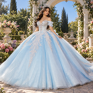Dy1595 Superbe robe de bal bleu glace avec appliques en dentelle et détail d'épaule plissé Jancember - Product Image 1