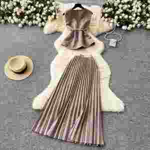 Conjunto Casual de Verano para Mujer, Tejido Sólido, Cuello Redondo, Sin Mangas, Top Tipo Túnica con Lazos, Falda Midi de Cintura Alta, Poliéster/Algodón - Product Image 4
