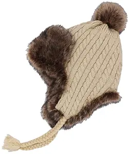 여성 가짜 모피 모자 러시아 Cossack 모자 Earflap 겨울 두꺼운 스키 스노우 모자 따뜻한 니트 양모 귀마개 헤밍 모자