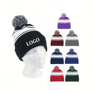 Custom Logo Striped Pom Pom Beanie Cuffed Winter Knit <b>Hat</b> Sports Headwear for Holiday Giveaways - Product Image 1