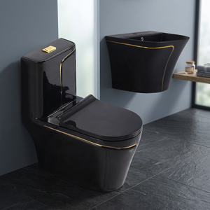 Toilette de luxe en céramique marbrée dorée pour WC, commode de salle de bain une pièce avec lavabo à main, évier, ensemble d'articles sanitaires - Product Image 4