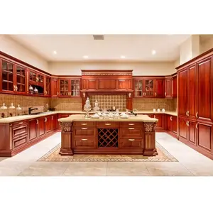 Armário de cozinha de madeira maciça personalizado cor cereja projeto villa estilo clássico