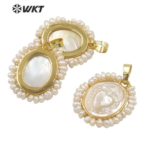 WT-JP254 Chaude à la main sculpté coquille blanche Sacré Coeur pendentif femmes fil enroulé avec perle charme en Marie coeur coquille - Product Image 2