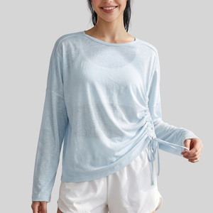เสื้อโยคะแขนยาวรัดเอวสำหรับผู้หญิง สีนู้ด เนื้อผ้ายืดหยุ่นสูง เสื้อออกกำลังกายกระชับสัดส่วน เสื้อยืดคลุมออกกำลังกาย - Product Image 6