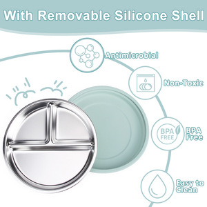 Assiette à dîner en acier inoxydable pour bébé avec ventouse, trois compartiments, pour enfants de 1 à 2 ans, plateau d'alimentation rose, blanc crème, marron boue - Product Image 4