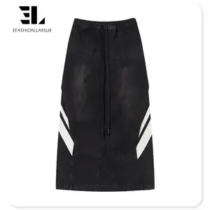 LARSUR Custom Denim Factory Women Y2k Long Distressed Wash Denim Skirt Baggy Midi Crochet Slit Maxi Jeans Skirt For Ladies