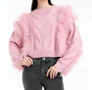 New crew neck pink cable knitting stylish young girls faux fur sweater