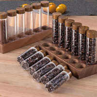 Tubes de rangement pour grains de café, bocaux de présentation en verre transparent avec couvercle en bois et base en bois, organisateur de conteneurs à café pour la maison, le café ou le bar